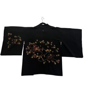 Authentic Japanese Haori Black Silk Dragons Japanese Kimono Jacket Mid Length